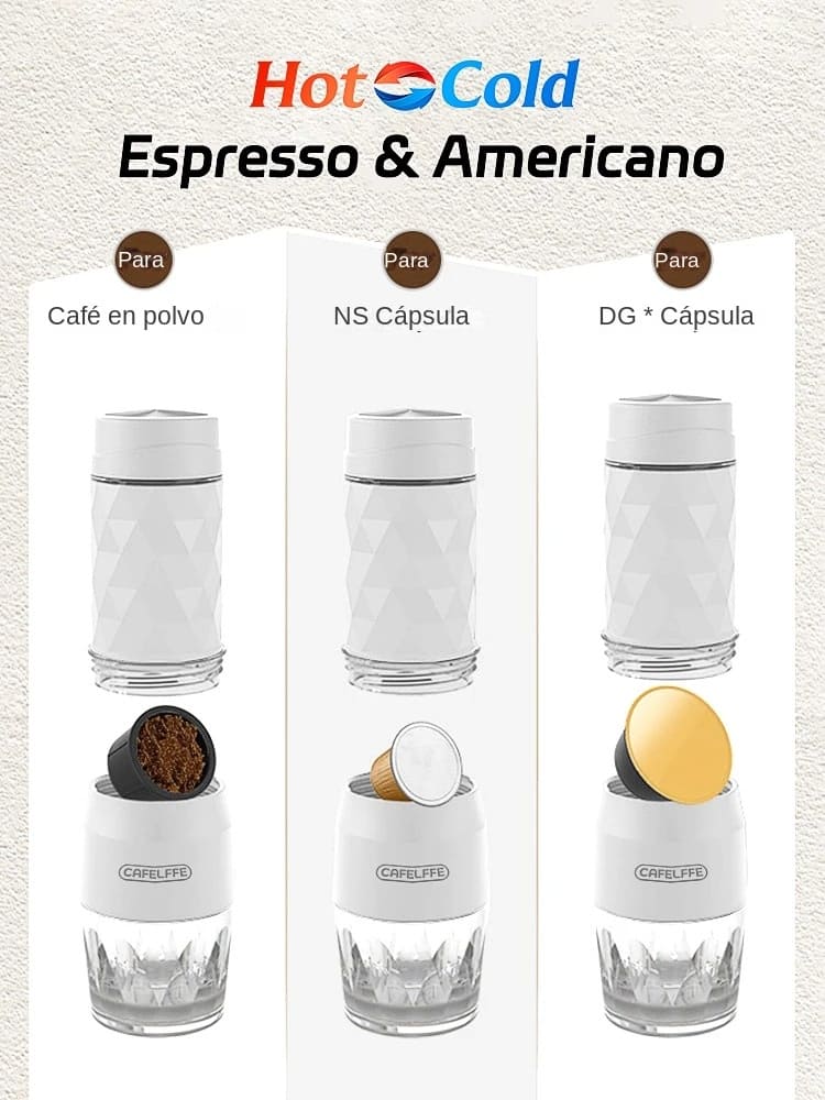 Cafetera portátil eléctrica 3 en 1: compatible con café molido, cápsulas Nespresso.