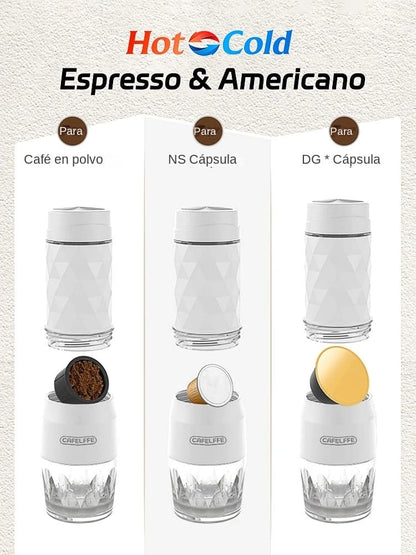 Cafetera portátil eléctrica 3 en 1: compatible con café molido, cápsulas Nespresso.