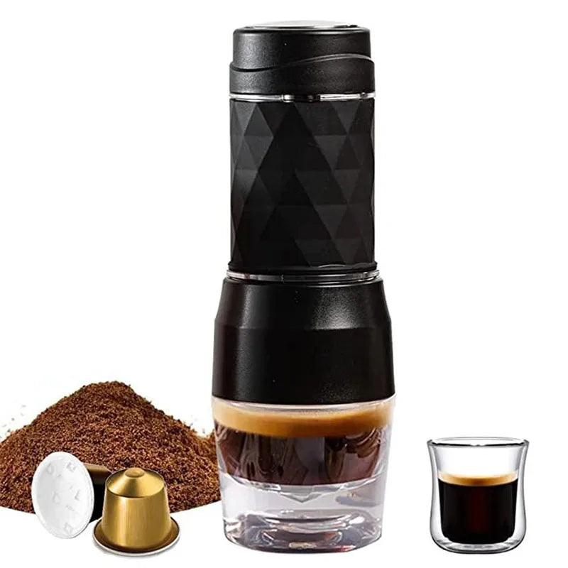 Cafetera portátil eléctrica 3 en 1: compatible con café molido, cápsulas Nespresso.